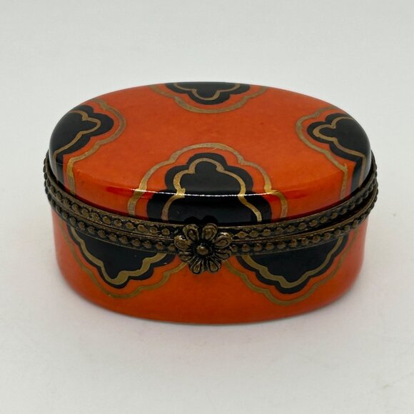 Limoges Oval Trinket Box Handprinted in France Brass Accents Orange-Black Design - Picture 2 of 16